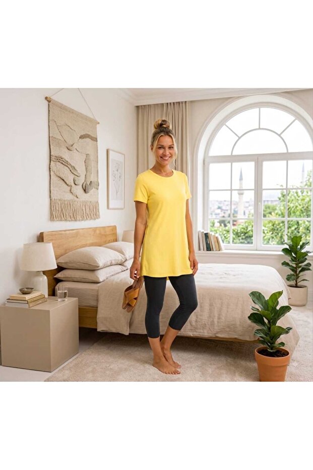 Women's Yellow Short Sleeve Cotton Crew Neck Combed Cotton Tunic-Underwear Ysf-1