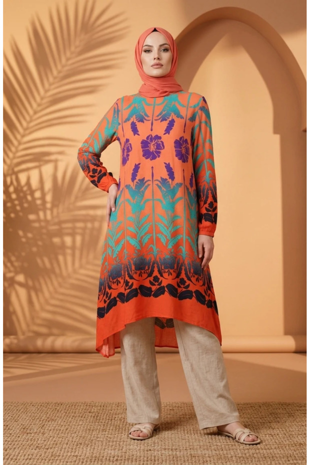 Viscose Fabric Patterned Tunic 1008-01 Orange Purple