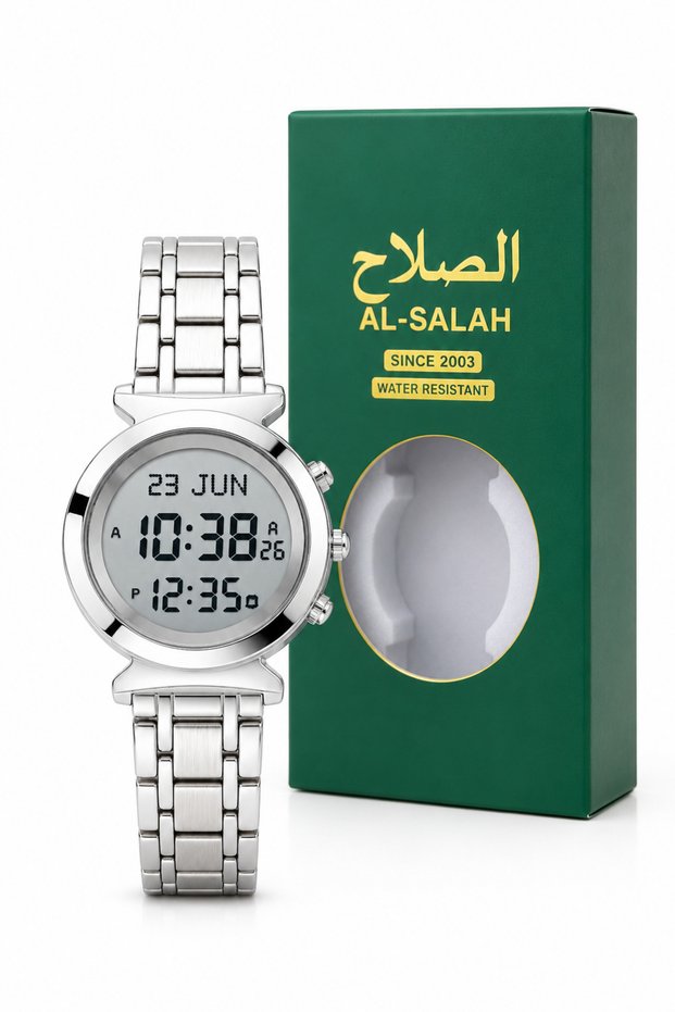 AL-SALAH Ladies Digital Wrist Watch for Women – Silver Stainless Steel Bracelet, Round Display, Day & Date Display, Water Resistant