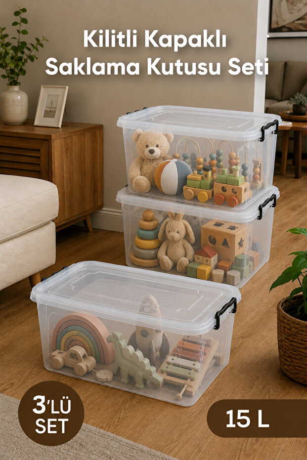 3-Pack 15 Liter Transparent Toy Box, Lockable Lid, Kids' Room Organizer, Storage Container Organizer