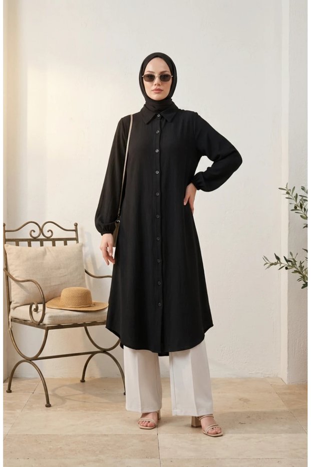 Buttoned Muslin Shirt Long Tunic 0362-03 Black