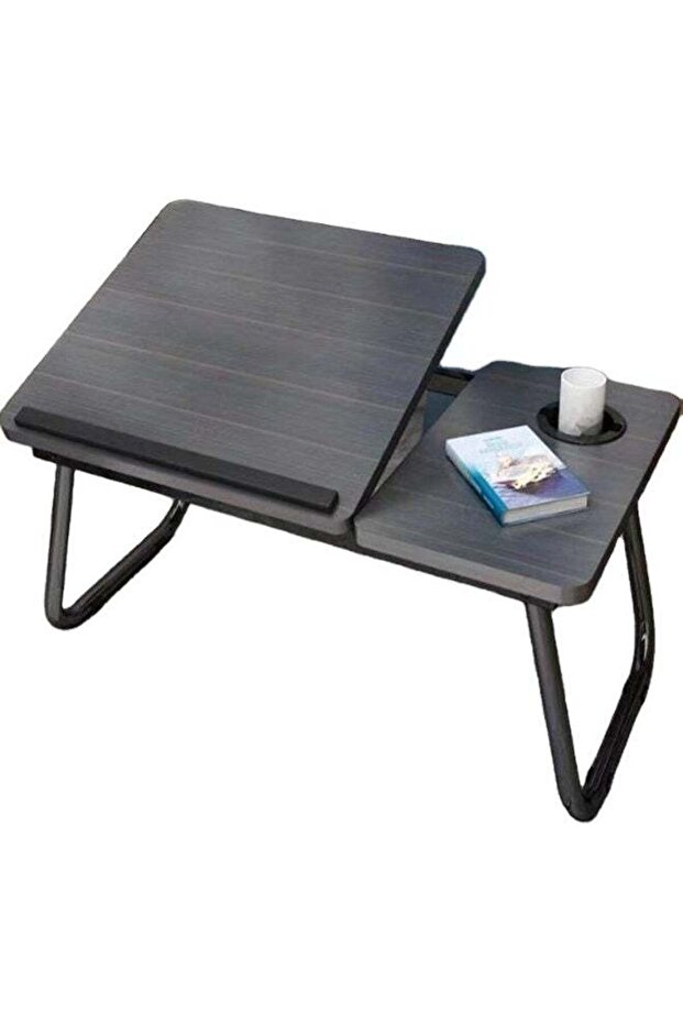 Foldable Laptop Stand Table for Bed, Adjustable Portable Notebook Desk with Ergonomic Tilted Desktop, Side Tray and Cup Holder, Strong Metal Frame, Compact Space-Saving Design for Studying, W