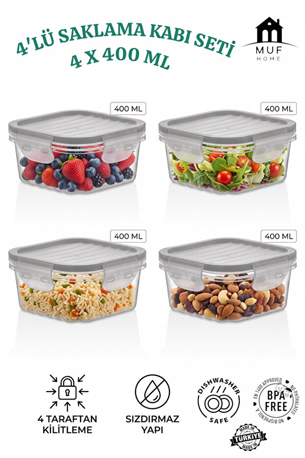 Set of 4 Square Storage Containers (4X400 ml) - Airtight with Lockable Leak-Proof Lids, Bpa-Free Food and Refrigerator Organizer