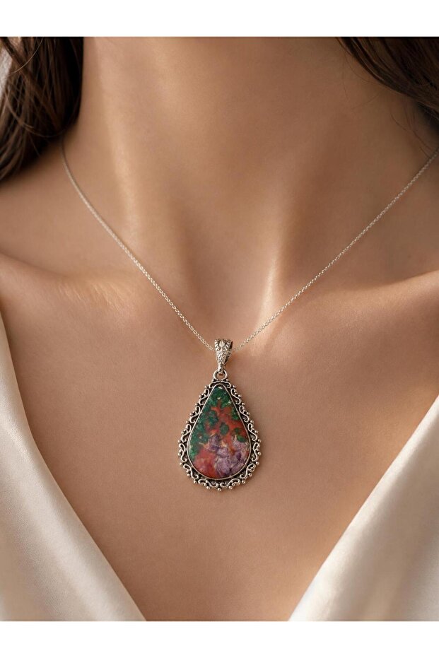 Alpaca German Silver Framed Handmade Colorful Natural Stone Look Drop Pendant with a Steel Tarnish-Resistant Chain.