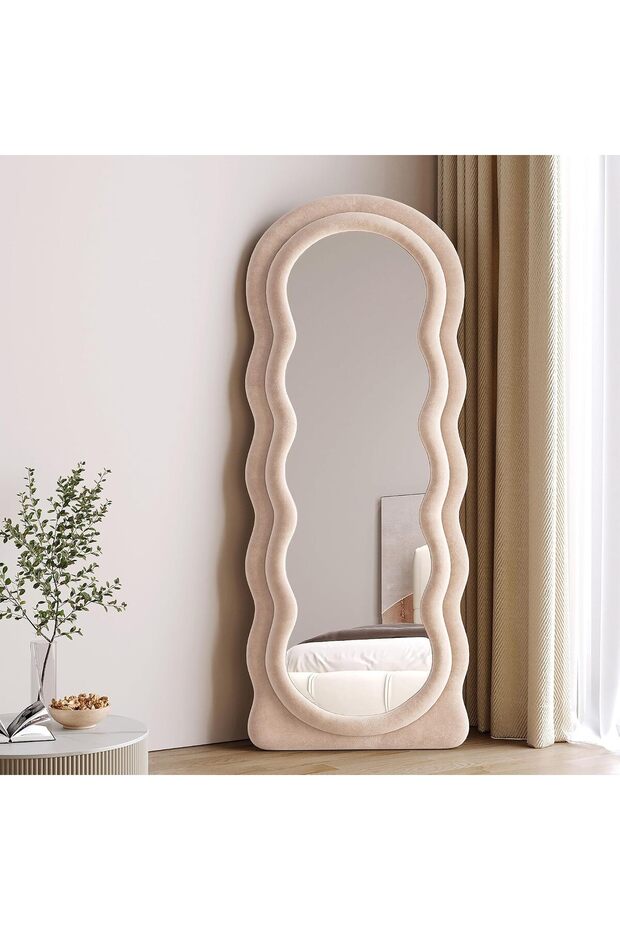 VPHOME Cloud Shaped Wavy Arched Mirror with Flannel Frame, 63"x24" Full Length Standing or Wall Mount Floor Mirror for Bedroom Living Room, Beige (160x60cm)