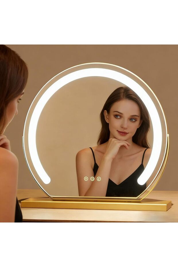 Large Vanity Makeup Mirror with Light, 50x50cm Round LED Vanity Mirror, Rechargeable & Plug-in, 3 Color Lighting, 360° Rotation, Touch Control Makeup Mirror for Desktop (gold)