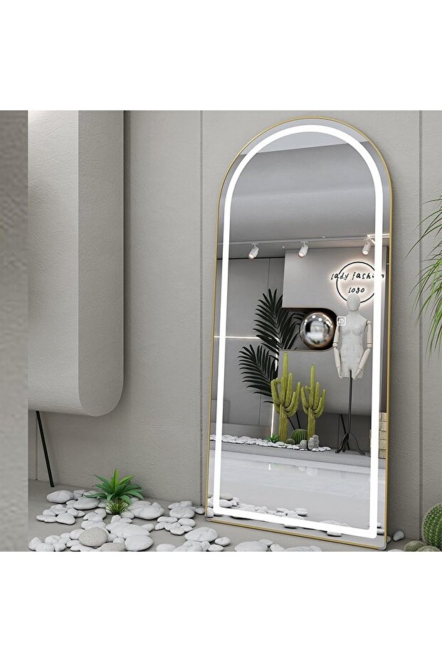 63"x24" Arched Full Length Mirror with Lights, Floor Mirror Full Length with Stands, Free Standing/Wall Mounted/Leaning Full Body Arched Mirrors (Gold, 160x60cm)