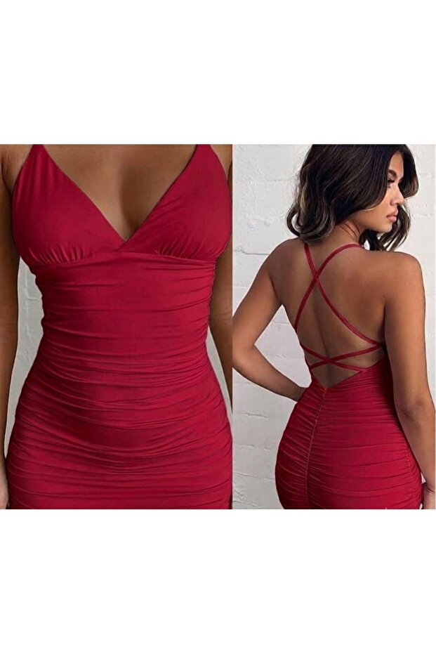 Thin Straps Triangle Chest Back V-Neck Cross-Tied Side and Back Gathered Dress