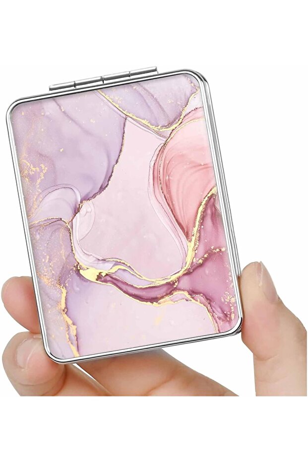 Pocket Mirror, Compact Travel Mirror with Magnifying Function, Portable Double-Sided Magnifying Cosmetic Mirror (Pink Marble)