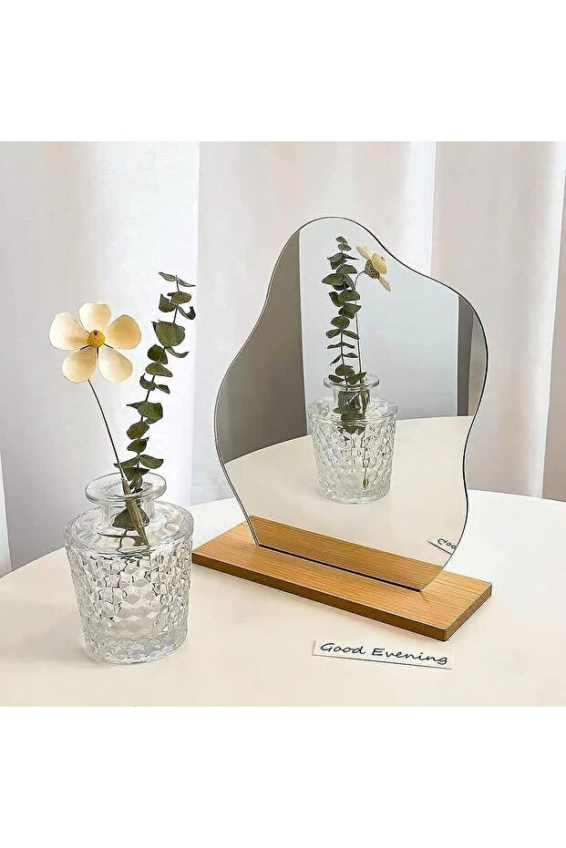 Makeup Acrylic Mirror, Irregular Aesthetic Frameless Funky Mirror with Wavy Surface and Wooden Stand (Cloud Shape)