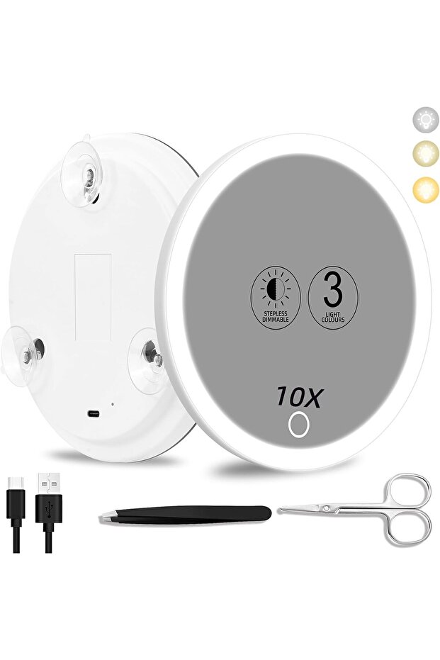 10 X Magnifying Mirror With Light, 3 Colour Modes, Dimming, 15 Cm, Illuminated, Suction Cups, Travel Mirror, High Magnification Makeup