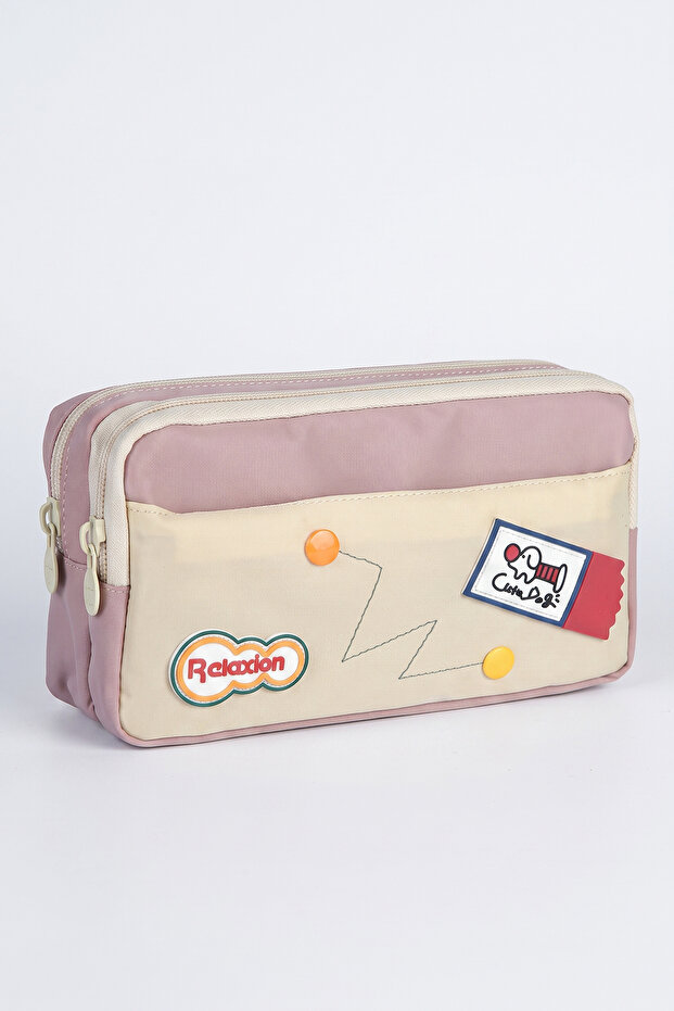 Relaxion Arma Detailed Double Zippered Multi-Compartment Pink Pen Holder