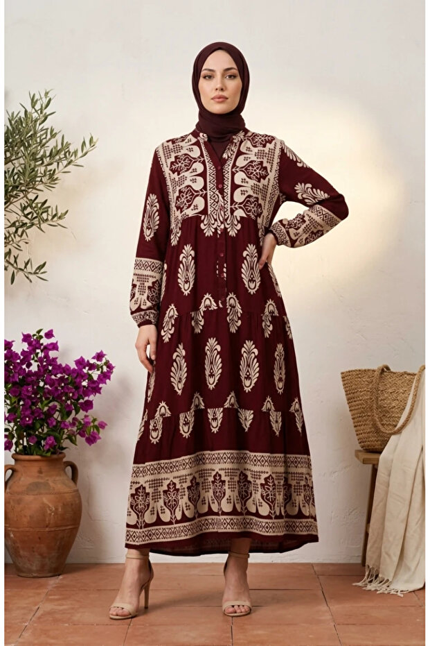 Patterned Viscose Buttoned Hijab Dress 5593-01 Claret Red