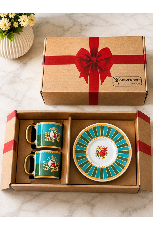Green Bird 2-Person Coffee Cup Set with Pomegranate Bow and Box 90 ml