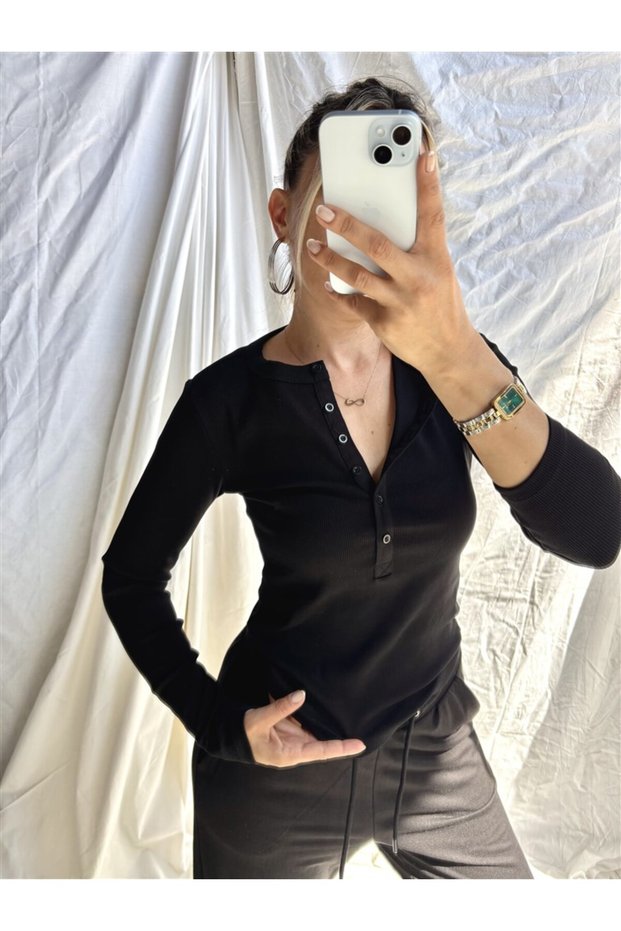 Women's New Season Black Color Half Placket Buttoned Premium Cotton Long Sleeve Body Blouse