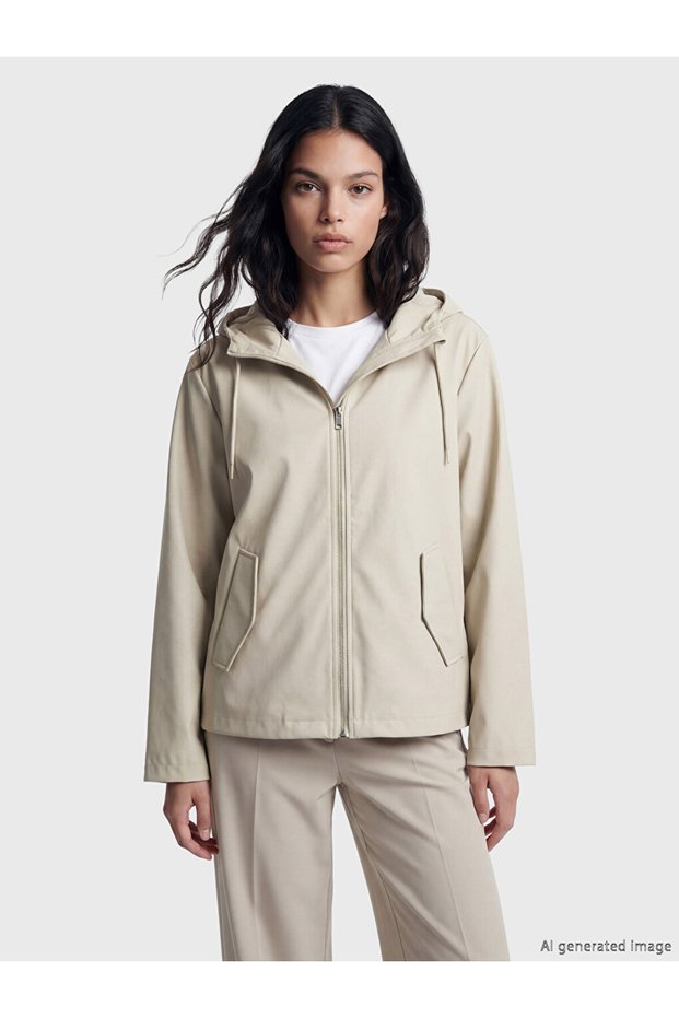 Özmarka New Season Beige Hooded Women's Raincoat