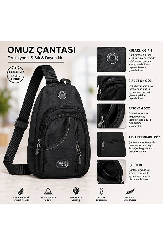 Black Multi-Section Crossbody Adjustable Strap Shoulder Bag