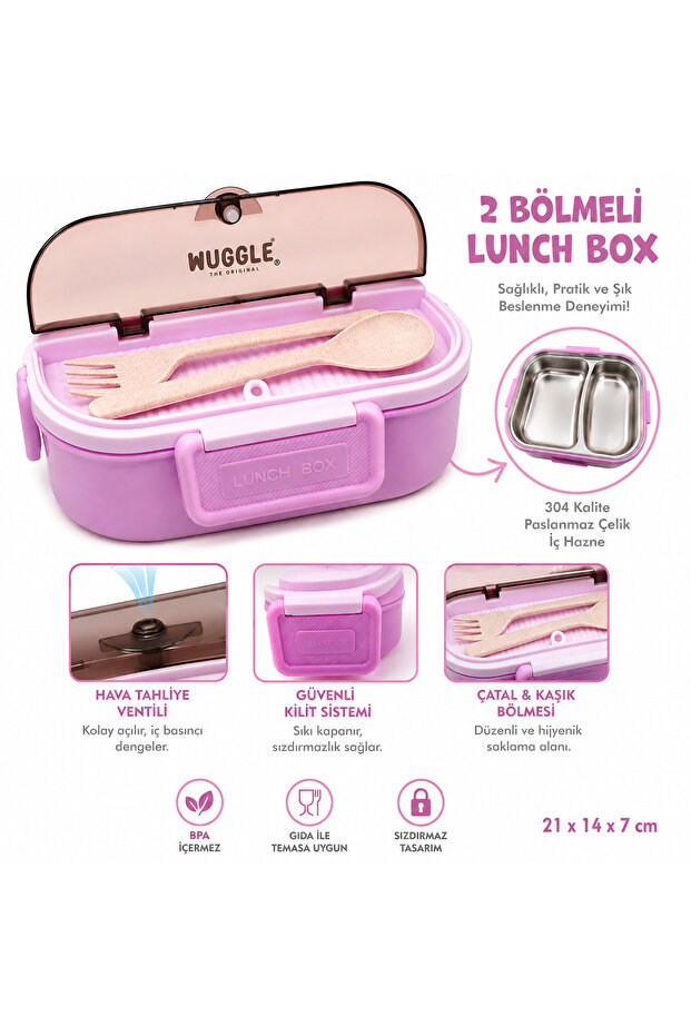 2-Compartment Lunch Box – 304 Stainless Steel Container, Air Release Valve, Fork and Spoon Compartment, Leak-Proof