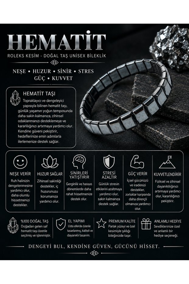 Certified Hematite Natural Stone Unisex Natural Stone Bracelet with Misinali Roleks Cut