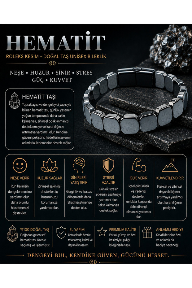 Certified Hematite Natural Stone Rolex Cut Interlocking Unisex Natural Stone Bracelet