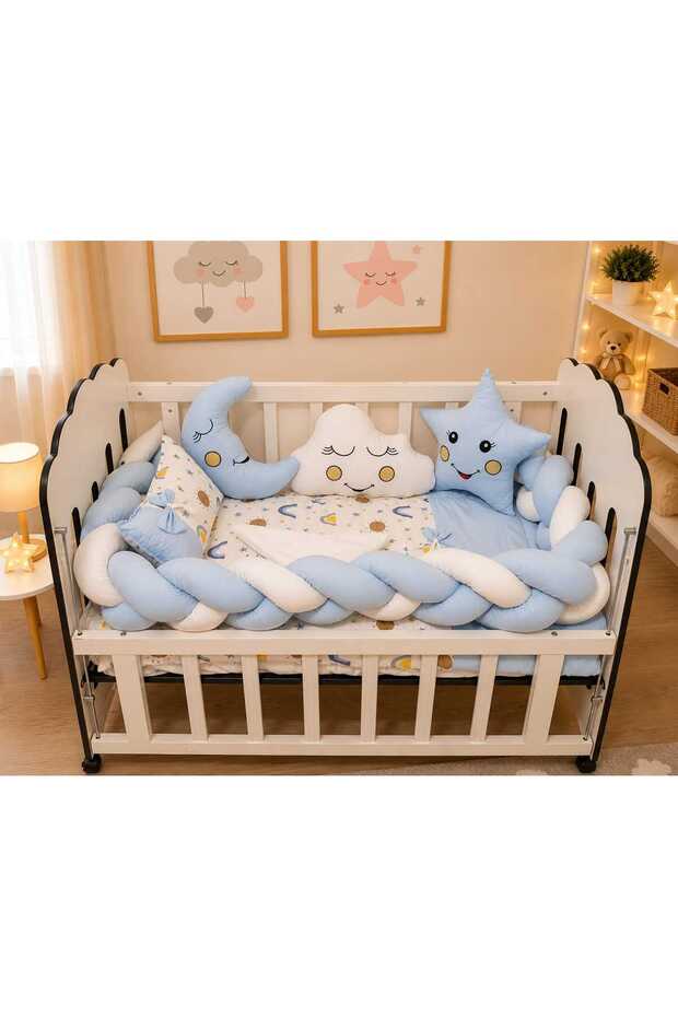 Cotton Knitted Baby Sleeping Set 7 Pieces – 60X120 cm Knitted Edge Protection for Crib, with Quilt and Decorative Pillows