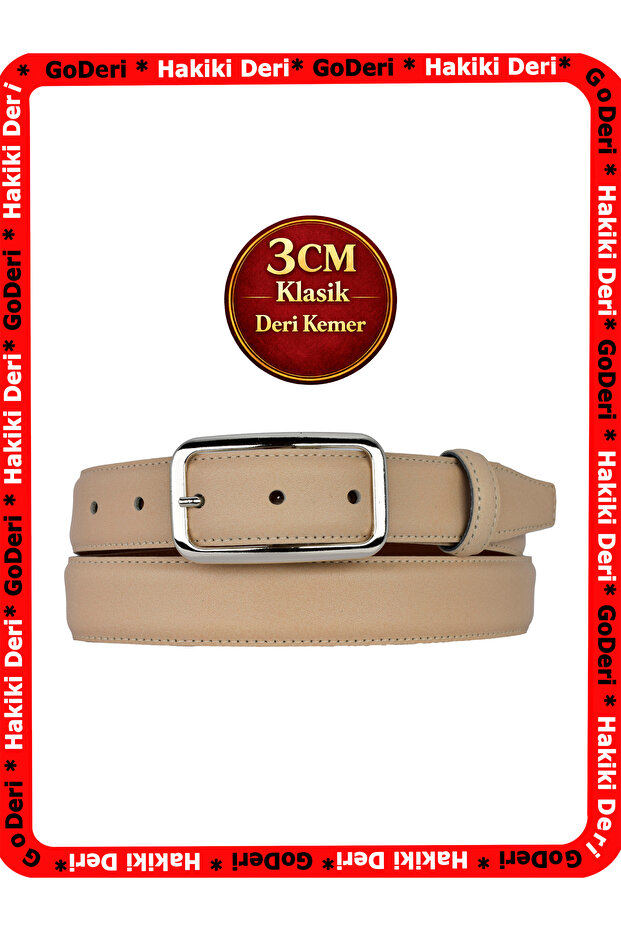 Genuine Leather, 3 cm Silver Color Rectangular Buckle, Dark Cream, Stitched Classic Women's Belt, 3Cmkla50
