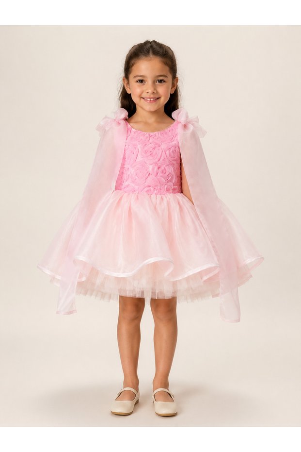 Girl's Pink Tutu Princess Dress with Shoulder Bow Detail, Fluffy Birthday Dress