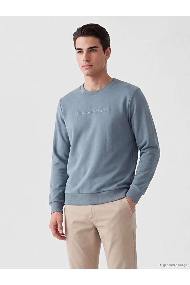 Lcwaikiki Classic Indigo Crew Neck Printed Men's Thick Sweatshirt