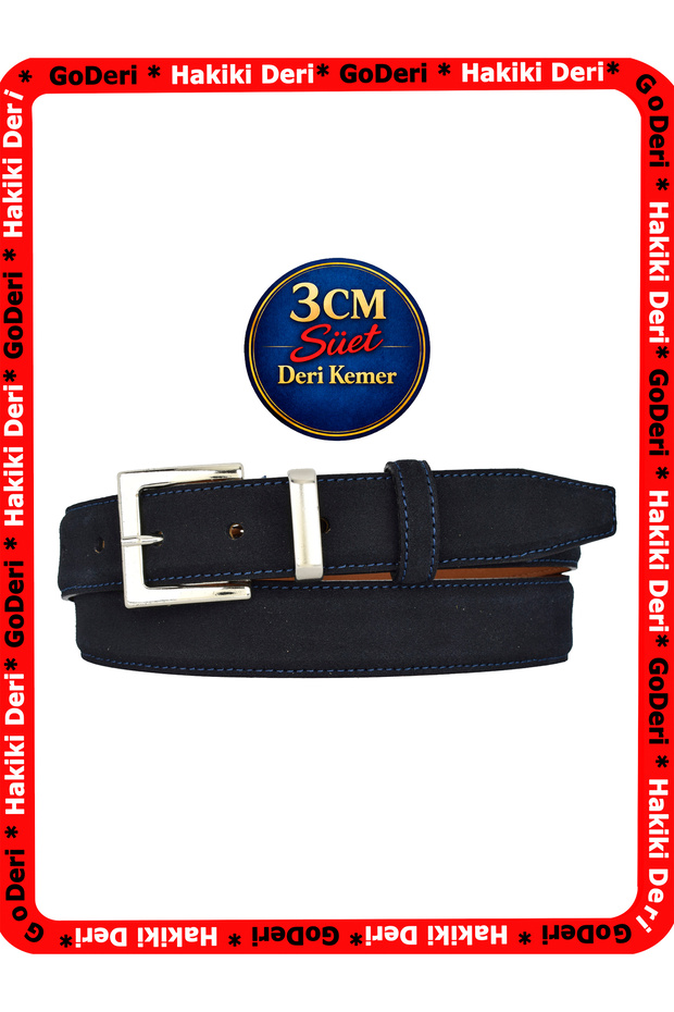 Genuine Leather, 3 cm Silver Color Buckle, Navy Blue Suede, Stitched Classic Women's Belt, 3Cmkla48