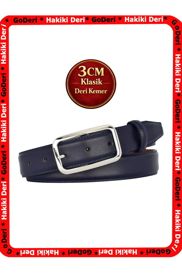 Genuine Leather, 3 cm Silver Color Rectangular Buckle, Navy Blue, Stitched Classic Women's Belt, 3Cmkla50