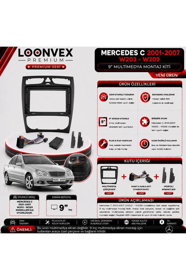 Premium Mercedes C 2001-2007 W203-W209 9" Multimedia Installation Kit