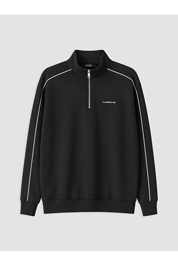 Xside Black Stand Collar Printed Men's Sweatshirt