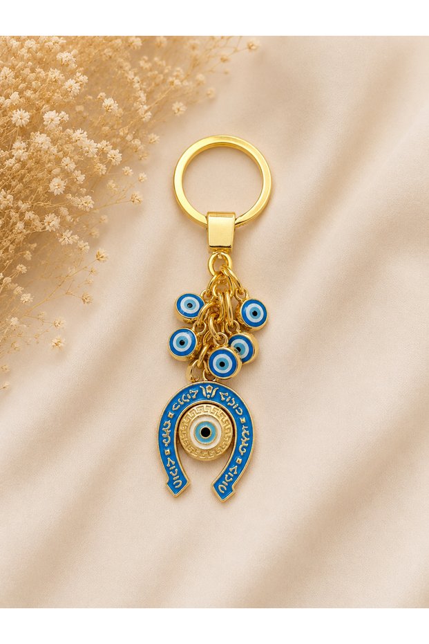 Light Blue Gilded Horseshoe Bead Detailed Metal Keychain, Lucky Keychain, Metal Evil Eye Bead Keychain Bag Accessory