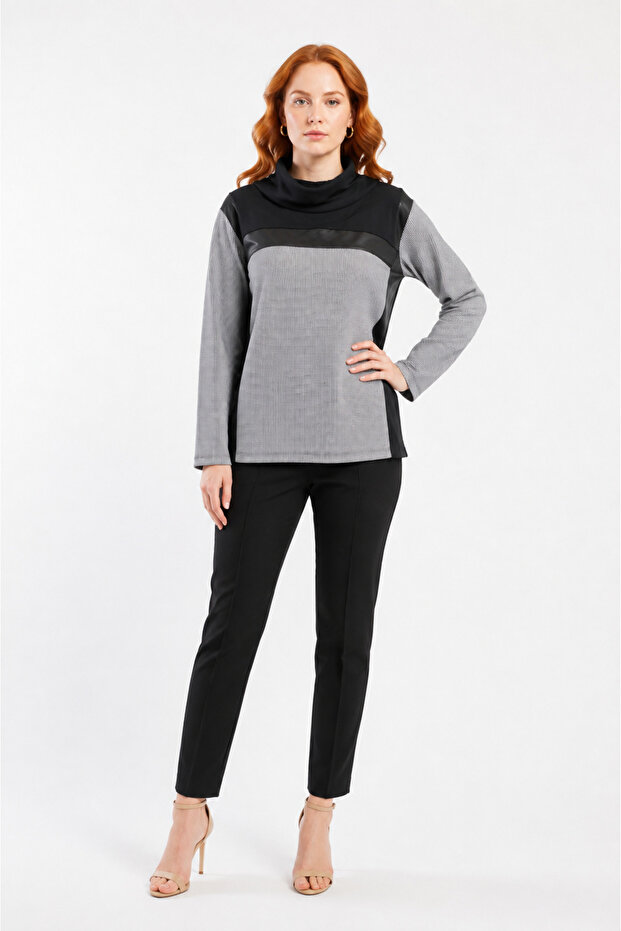 Women's Black Gray Leather Detailed Relaxed Fit Long Sleeve Blouse