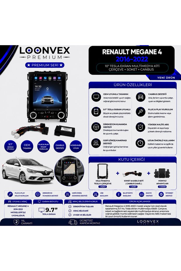Premium Renault Megane 4 Tesla 9.7 Inch Multimedia Frame + Socket + Canbus Mounting Kit