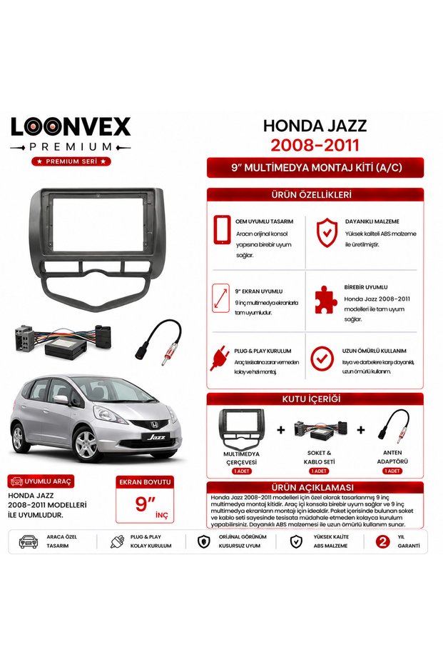 Premium – Honda Jazz 2008-2011 A/C 9" Multimedia Frame + Socket Kit