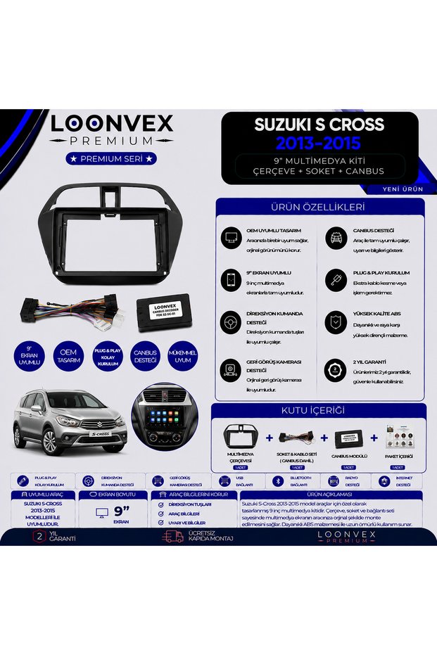 Premium Suzuki S-Cross 2013-2015 9 Inch Multimedia Frame + Socket + Canbus Mounting Kit