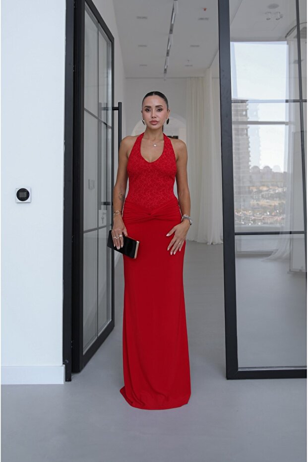 Red Lace Halter Dress