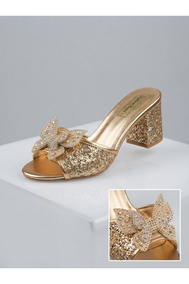 Golden Slippers with Broken Glass Design and Children's Character Design, Heelled Slippers