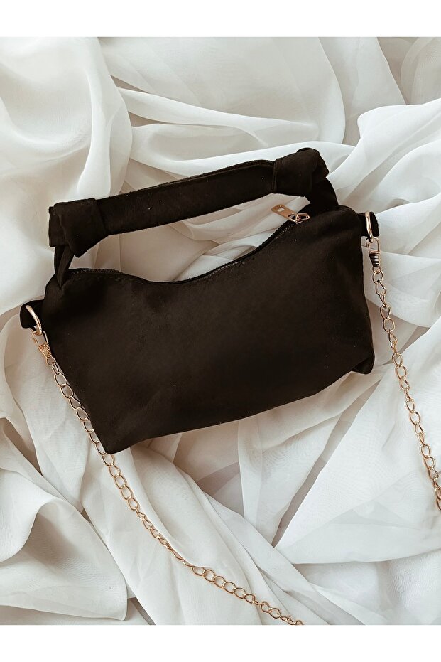 Suede Black Soft Modern Leather Stylish Elegant Chain Strap Hand and Shoulder Bag with Twisted Detail. ((Marteniçka Bracelet Is a Gift! ! ))