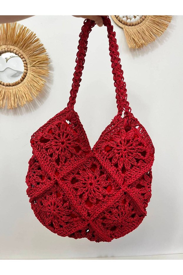 Design Hand-Knitted Motif Red Color Bag - Natural Paper Rope Design Women's Daily Shoulder Bag