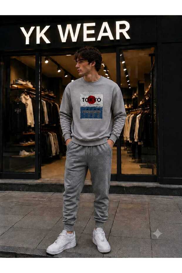 Unisex Tokyo Red Sun Printed Crew Neck Sweatshirt Tracksuit Bottom Top Set