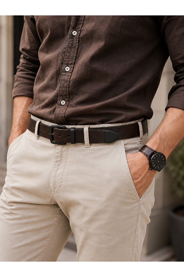 100% Genuine Buffalo Leather 3 cm Men's Belt – Classic Leather Belt with Black Painted Buckle and End Pieces