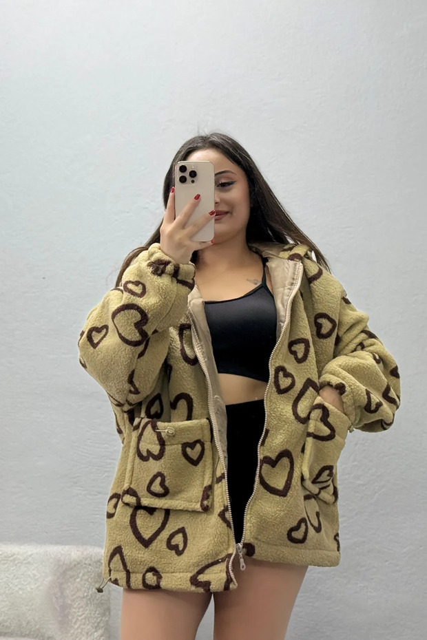 Women's Hooded Heart Plush Coat Milk Brown
