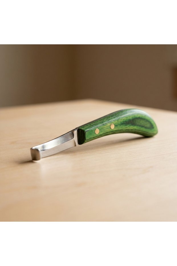 Green Wooden Handle Renet - Curved Tip Hoof Care Knife for Both Hands - Imported