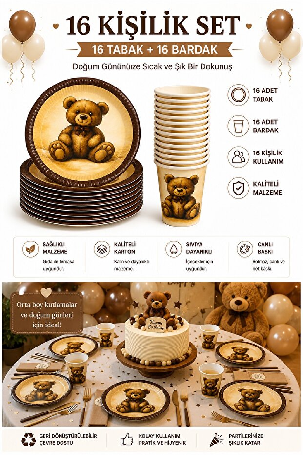 Teddy Bear Themed Birthday Party Set | 8-16-24 People | Plate + Glass | Birthday Table Decoration Set