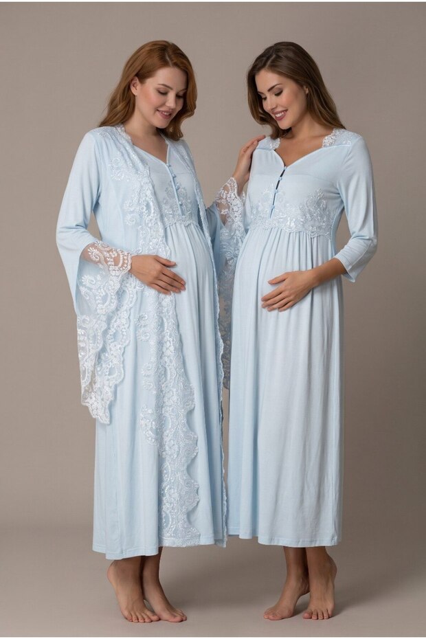 Women's Blue Ruffled Long Sleeve Maternity Nightgown Set with Easy Breastfeeding Feature