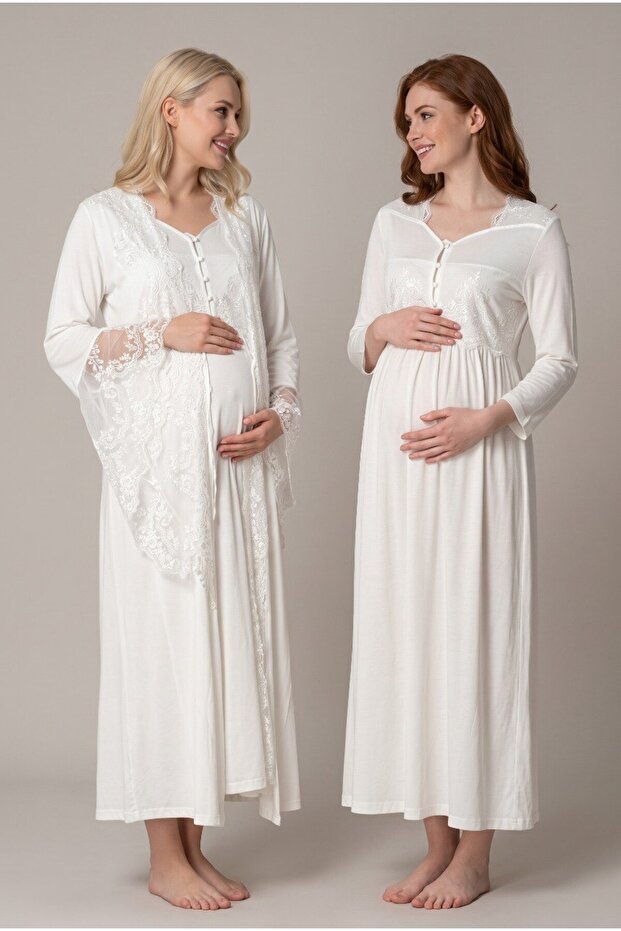 Women's Ecru Ruffled Long Sleeve Maternity Nightgown Set with Easy Breastfeeding Feature and Ruched Sleeves