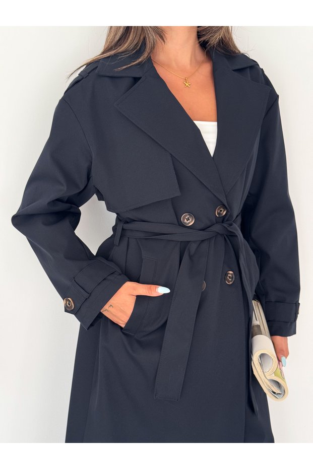Women's Belted Double Button Long Trench Coat