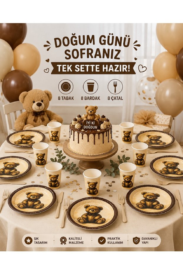 Teddy Bear Birthday Party Set | 8 and 16 Person Capacity | Plate, Cup, Fork Set | Birthday Table Decoration 8 Person Birthday Party Set | 8 Plates + 8 Cups + 8 Forks | Party Tableware Set